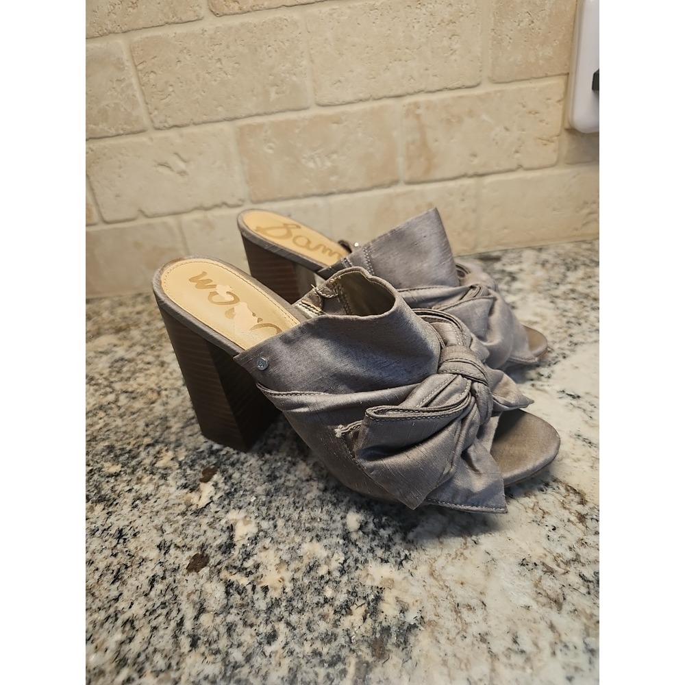 SAM EDELMAN Yumi Bow Block Heels Mule Slip On Shoes Women's Size 7 Silver/Grey